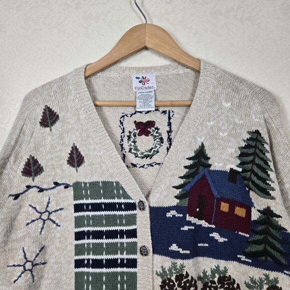 VTG Nutcracker Cardigan Sweater sz L Beige Multi Cabincore Cottagecore Holiday - Picture 2 of 14